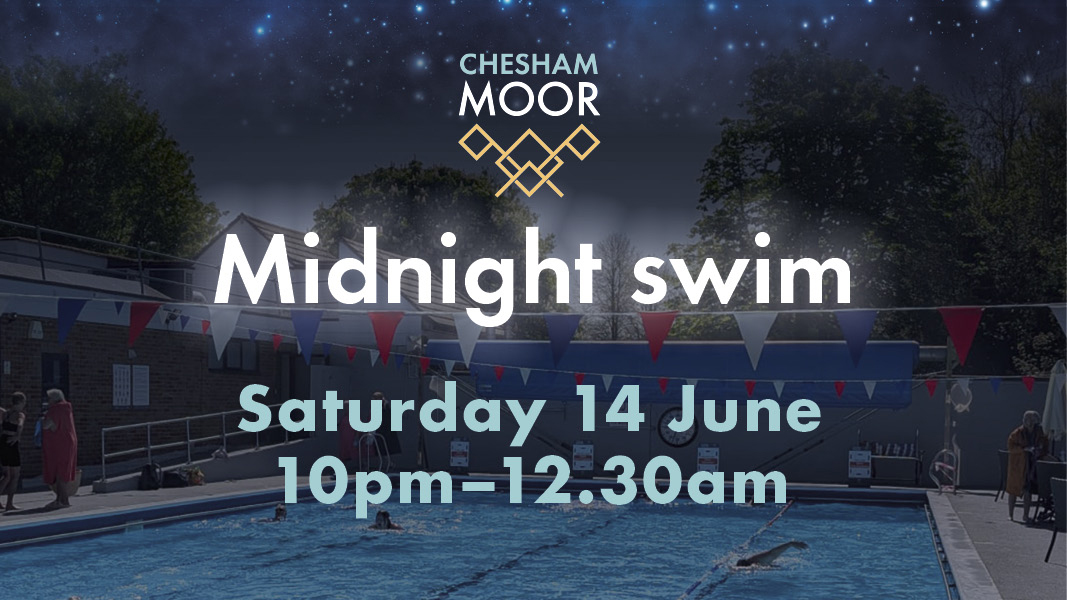 words 'Midnight swim, Saturday 14 June, 10pm-12.30am' with a dark sky and night stars behind over swimming pool
