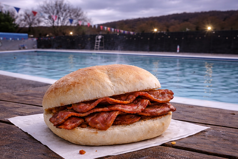 Bacon roll on wooden table on poolside with the Chesham Moor pool behind