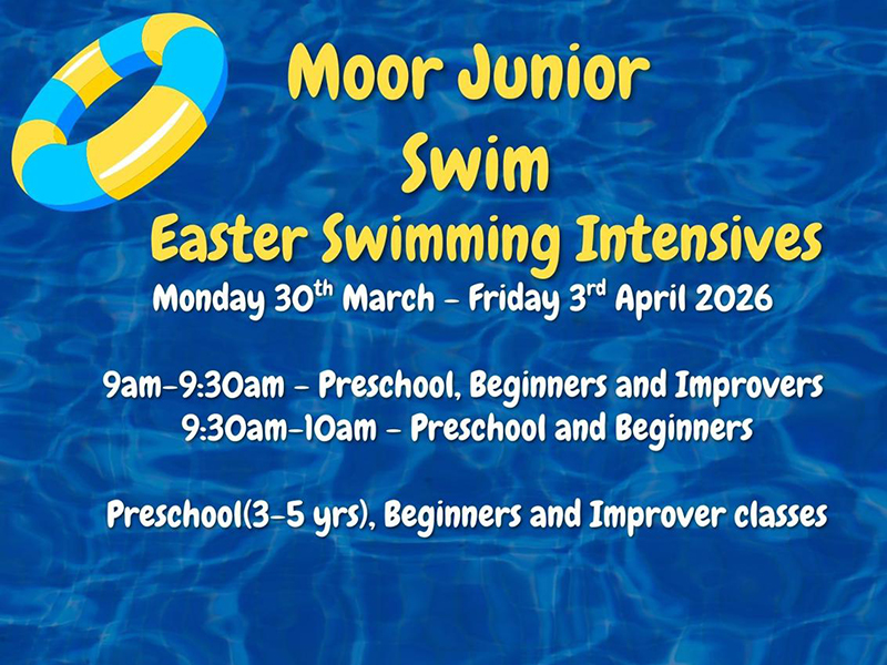 Text of swimming lesson times on a water background with a rubber ring cartoon